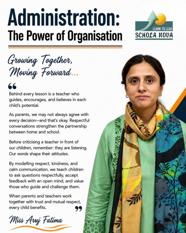 Every child thrives when parents and teachers stand together. 🤝📚A child’s growth is strongest when respect begins at home. Speaking positively about teachers helps children build trust, confidence, and a love for learning. Together, parents and educators create an environment where every child feels supported, valued, and inspired to succeed.Let’s work hand in hand to nurture respectful, confident, and compassionate future leaders.📞 Admissions Open 2026–27. Join the Schola Nova family today.#ScholaNova #LearnToLead #ParentTeacherPartnership #EducationMatters #RespectTeachers PositiveParenting ChildDevelopment SchoolCommunity FutureLeaders AdmissionsOpen2026 GrowingTogether QualityEducation
