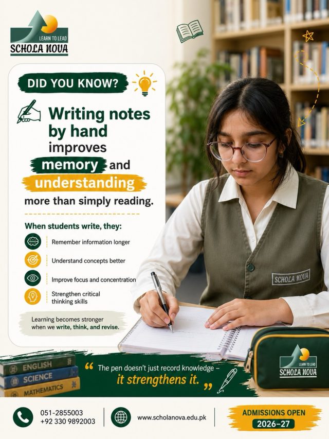 Ever noticed how students remember lessons better when they write things down? ✍️ Handwritten notes boost memory, improve understanding, and help learners stay focused. Small habits can create big academic results.Many students struggle to retain information by only reading or highlighting text. This often leads to weak recall during exams and lower confidence in class.Encourage active learning through writing. Taking notes by hand strengthens comprehension, critical thinking, and long-term memory—helping students learn smarter, not harder.📚 Admissions Open for Session 2026–27! Give your child the advantage of a learning environment that builds strong academic foundations and lifelong skills.#ScholaNova #AdmissionsOpen #EducationMatters #LearnToLead #StudentSuccess HandwrittenNotes AcademicExcellence SchoolLife FutureLeaders LearningTips MemoryBoost QualityEducation IslamabadSchools BackToSchool SmartLearning